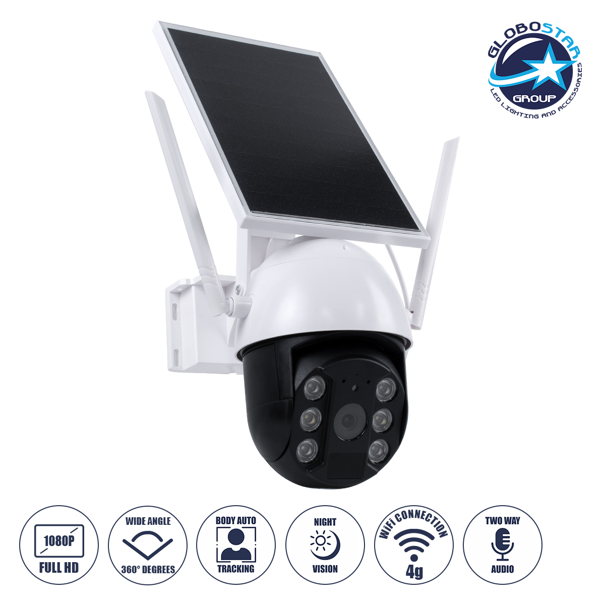 GloboStar® 86029 Αυτόνομη Ηλιακή IP Camera 1080P 2MP WiFi 4G SIM CARD 360° Μοιρών – 3200mAh – Φωτοβολταϊκό Πάνελ – Νυχτερινή Όραση με LED IR – Ανιχνευτή Κίνησης – Νυχτερινή Λήψη – Αδιάβροχη IP66 – Λευκό