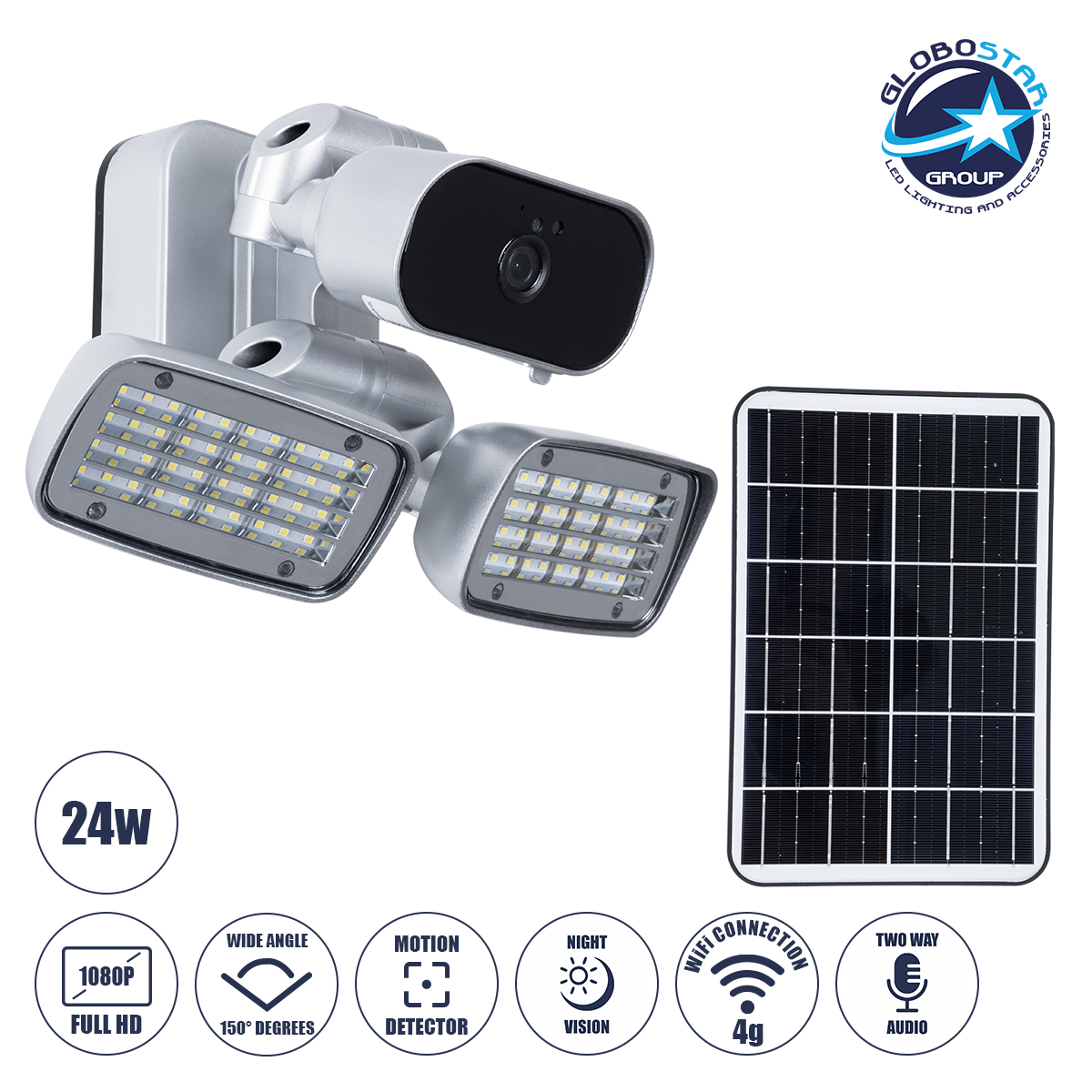 GloboStar® 86045 Αυτόνομος Ηλιακός Προβολέας LED SMD 24W 1200lm με IP Camera 1080P 2MP 4G SIM CARD WiFi 150° Ενσωματωμένη Μπαταρία 3200mAh Φωτοβολταϊκό Πάνελ Αισθητήρα Ημέρας-Νύχτας & Ρύθμιση Χρόνου Ανάμματος Αδιάβροχος IP66 Ψυχρό Λευκό 6000K – Ασημί