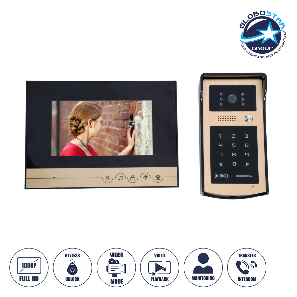 GloboStar® 86059 Σετ Θυροτηλεόρασης με Έγχρωμη Οθόνη Αφής 7″ και Κάμερα 1080P HD & 4 Επαγωγικά Κλειδιά για Ηλεκτρονικές Κλειδαριές – Μαύρο – Χρυσό