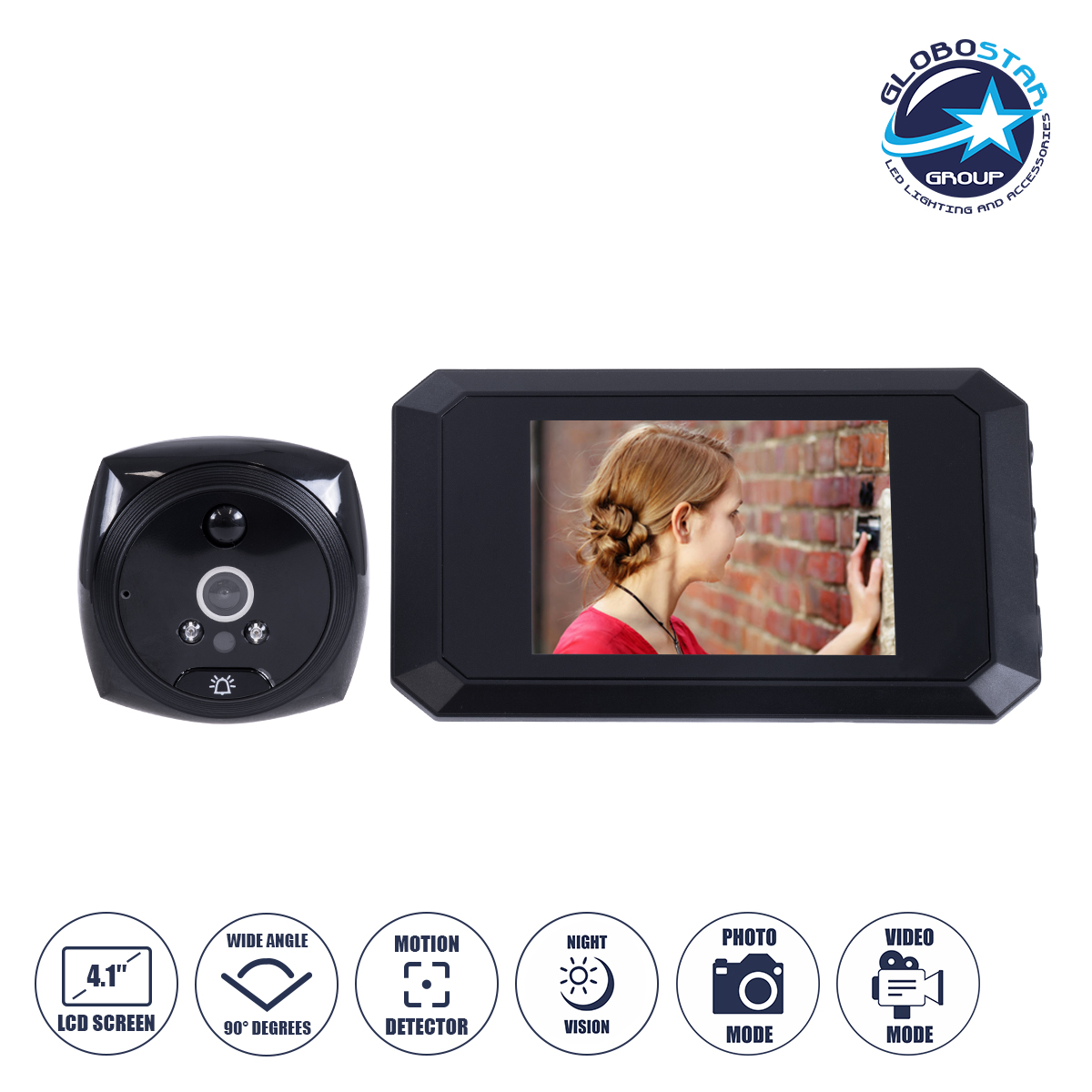 GloboStar® 86063 Επαναφορτιζόμενη Ψηφιακή Έξυπνη Camera Εξώπορτας 90° Μοιρών με Έγχρωμη Οθόνη 4.1″ Inches – USB – Νυχτερινή Όραση με LED IR – Κουδούνι – Μαύρο