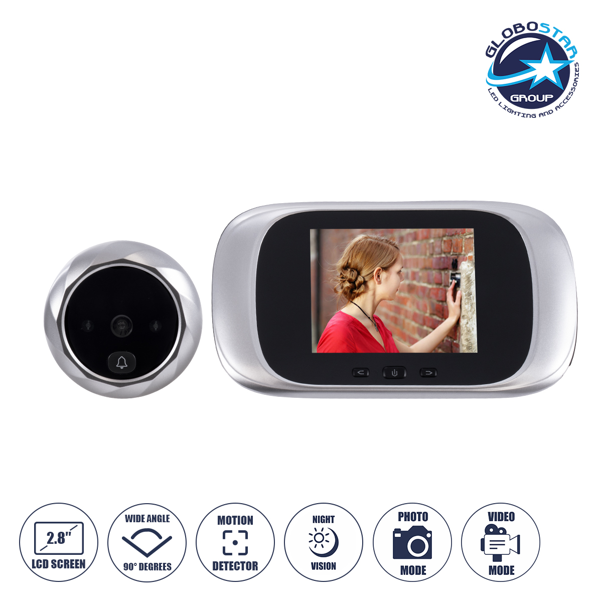 GloboStar® 86067 Επαναφορτιζόμενη Ψηφιακή Έξυπνη Camera Εξώπορτας 90° Μοιρών με Έγχρωμη Οθόνη 2.8″ Inches – USB – Νυχτερινή Όραση με LED IR – Κουδούνι – Ασημί