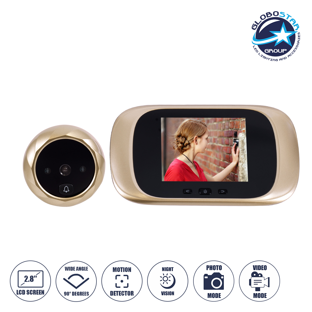 GloboStar® 86068 Επαναφορτιζόμενη Ψηφιακή Έξυπνη Camera Εξώπορτας 90° Μοιρών με Έγχρωμη Οθόνη 2.8″ Inches – USB – Νυχτερινή Όραση με LED IR – Κουδούνι – Χρυσό