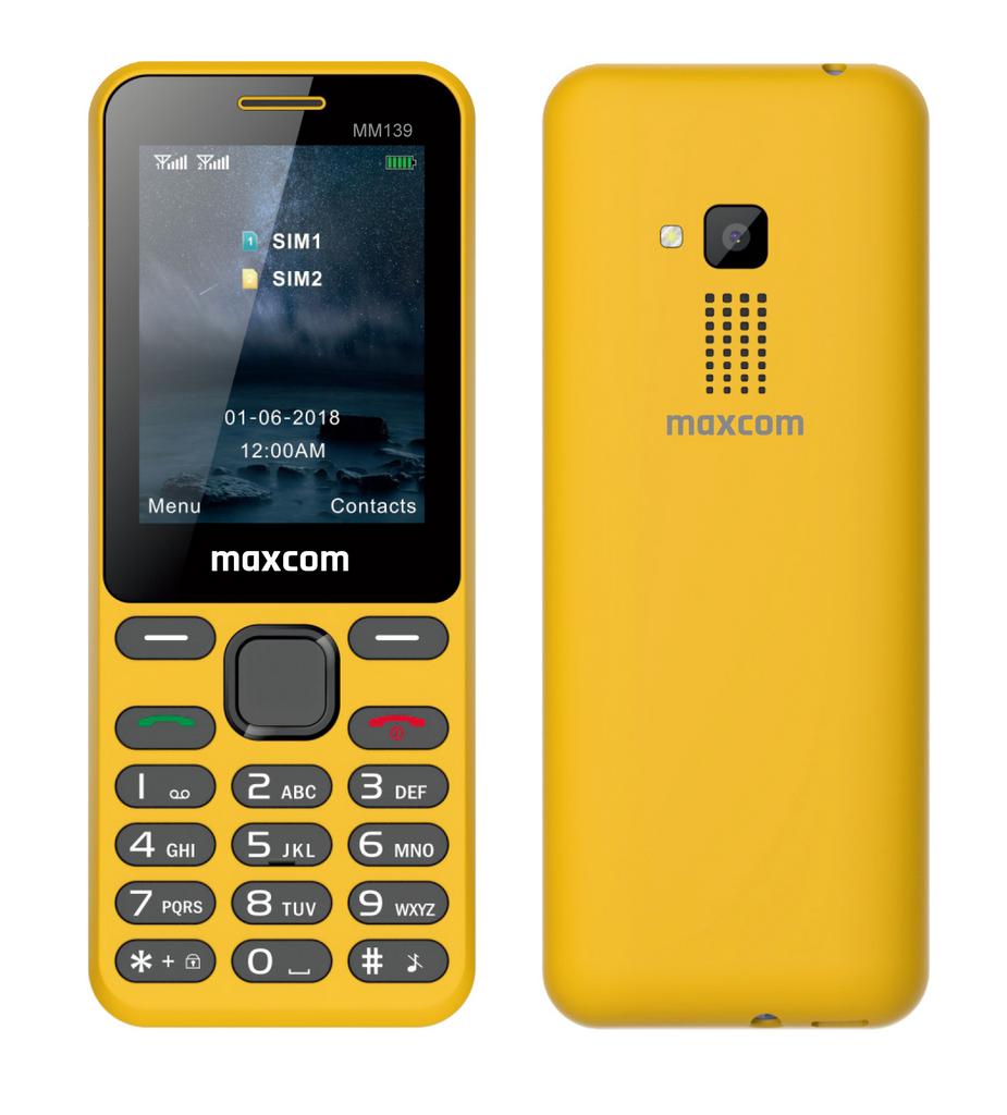 Maxcom MM139 (Dual Sim) 2,4″ με Κυρτό Σώμα, Κάμερα, Φακό και Ραδιόφωνο (Λειτουργεί Χωρίς Ακουστικά) Κίτρινο