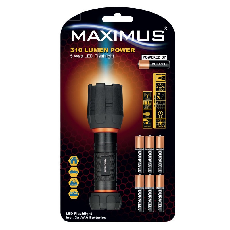 Φακός Αλουμινίου Maximus 5W Led 310 Lumens IPX7  με Μπαταρίες Duracell AAA  Μαύρος
