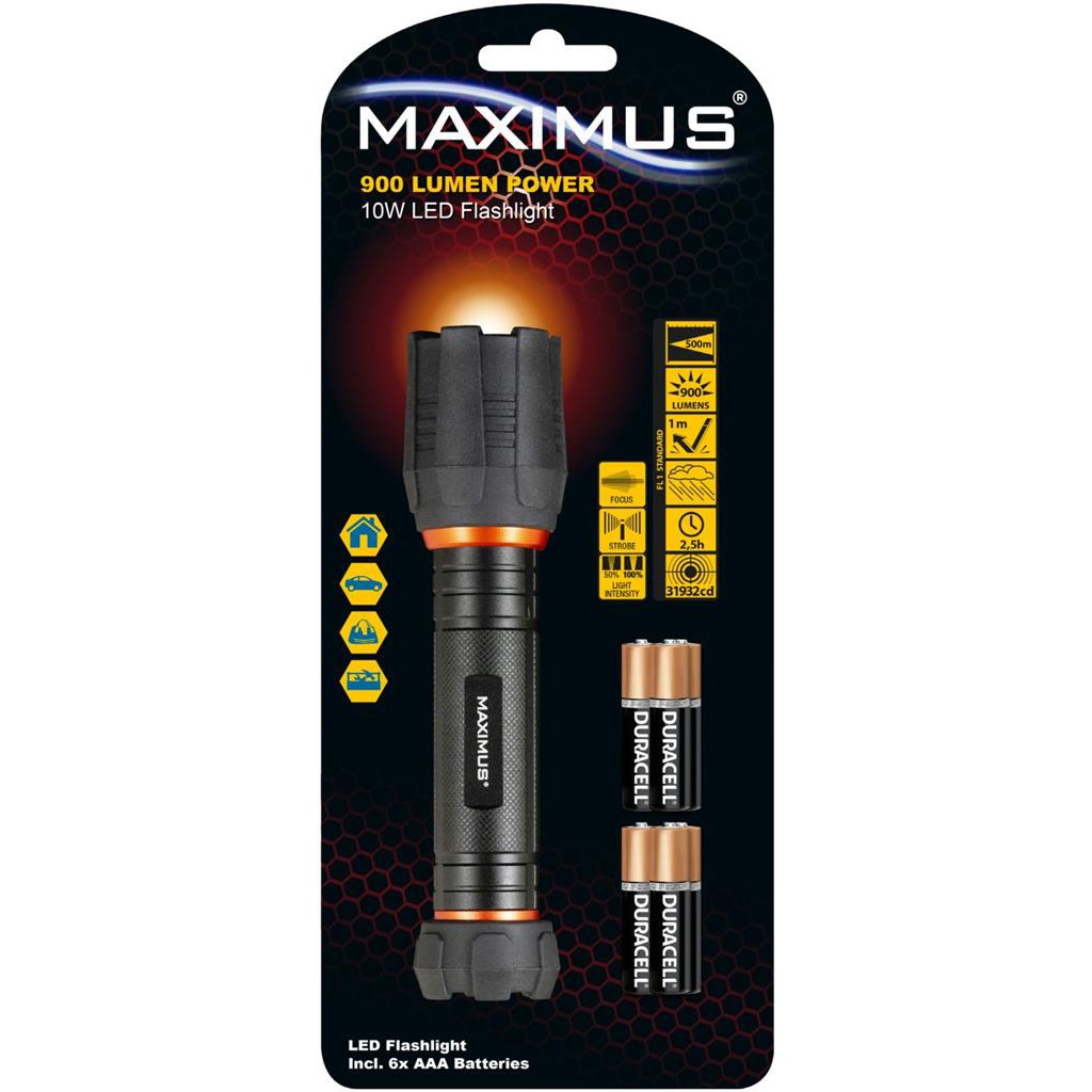 Φακός Αλουμινίου Maximus 10W Led 900 Lumens IP67  με Μπαταρίες Duracell AAA  Μαύρος