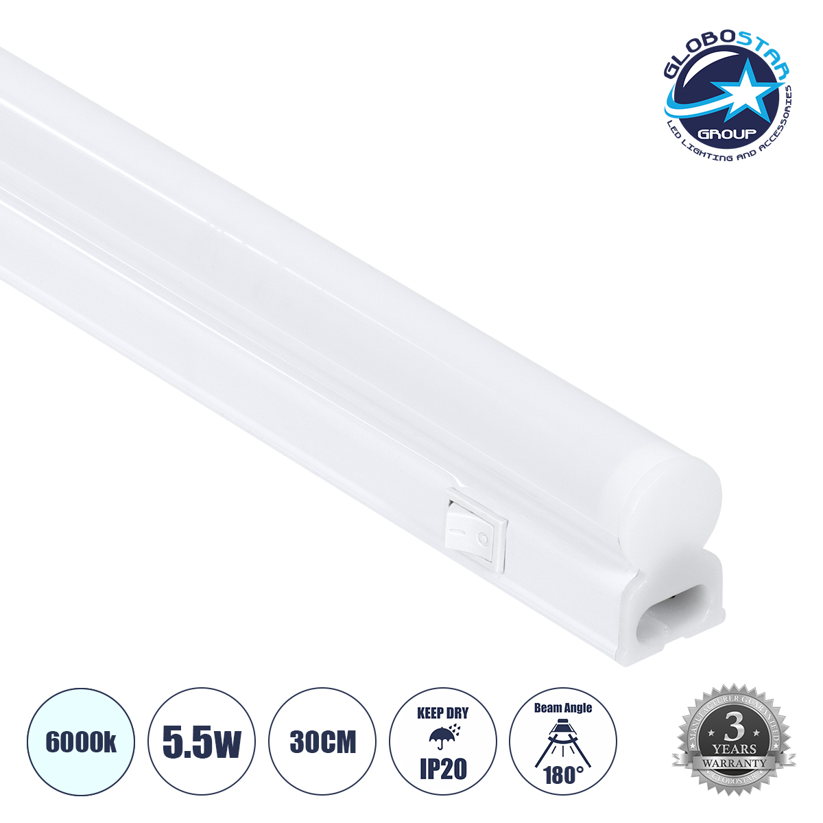 GloboStar® TUBO 60784 Γραμμικό Φωτιστικό Οροφής Linear LED Τύπου T5 Επεκτεινόμενο 5.5W 550lm 180° AC 220-240V IP20 Πάγκου Κουζίνας με Διακόπτη On/Off Μ30 x Π2.2 x Υ3.5cm Ψυχρό Λευκό 6000K – Λευκό – 3 Years Warranty