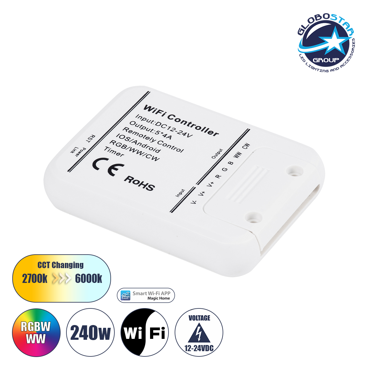GloboStar® 73421 Ασύρματος WiFi LED RGBW+WW+CCT Controller IOS/Android Timer DC 12-24V Max 240W