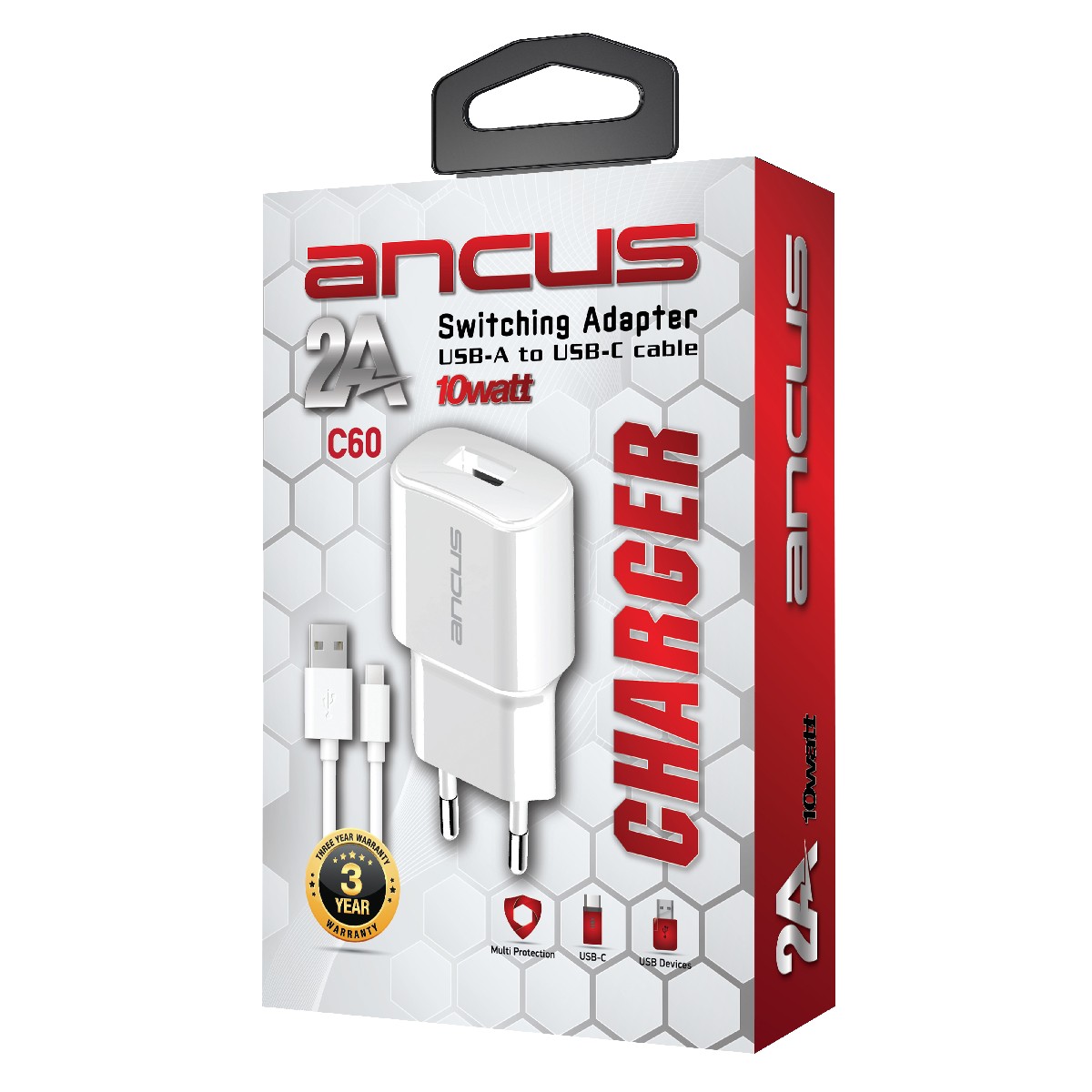 Φορτιστής Ταξιδίου Switching Ancus Supreme Series C60 USB  5V / 2A 10W με Αποσπώμενο Καλώδιο USB-C 1m Λευκό