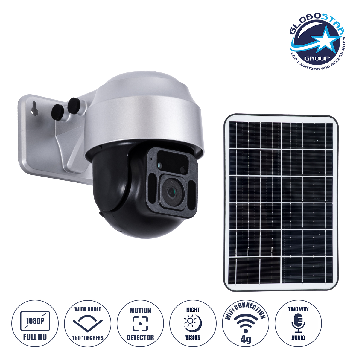 GloboStar® 86054 Αυτόνομη Ηλιακή Camera 1080P 2MP 4G SIM CARD WiFi 150° Μπαταρία 3200mAh Φωτοβολταϊκό Πάνελ Διπλή Κατέυθυνση Ομιλίας Αδιάβροχη IP66 Ψυχρό Λευκό 6000K – Ασημί