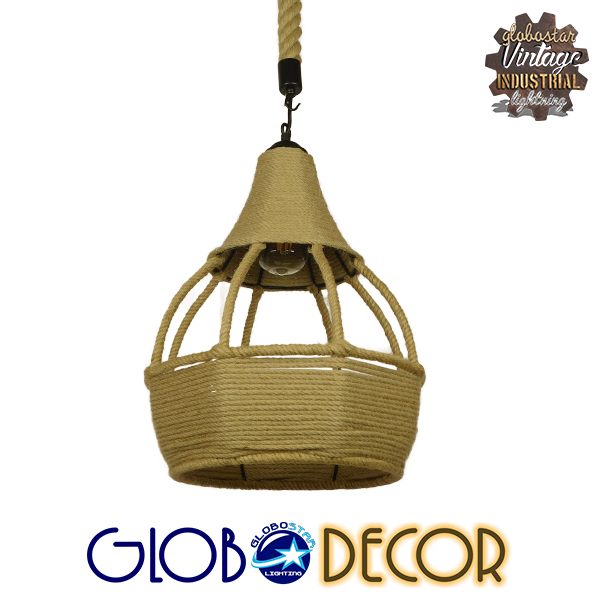 GloboStar® KUBRIC 01605 Vintage Κρεμαστό Φωτιστικό Οροφής Μονόφωτο 1 x E27 Μπεζ Καμπάνα με Σχοινί Φ31 x Υ39cm