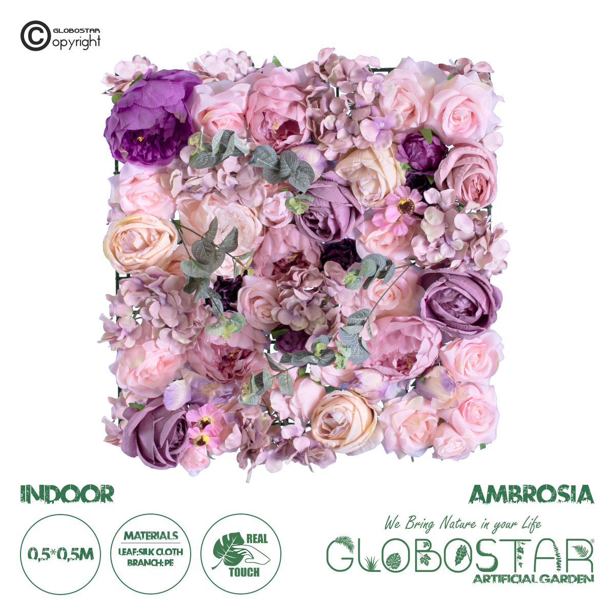 GloboStar® Artificial Garden AMBROSIA 20265 Τεχνητό Διακοσμητικό Πάνελ Λουλουδιών – Κάθετος Κήπος σύνθεση Αμβροσία Μ50 x Π50 x Υ9cm