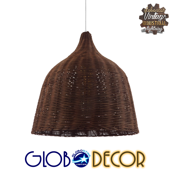 GloboStar® BAHAMAS 01368 Vintage Κρεμαστό Φωτιστικό Οροφής Μονόφωτο 1 x E27 Καφέ Σκούρο Ξύλινο Ψάθινο Bamboo Φ45 x Υ47cm