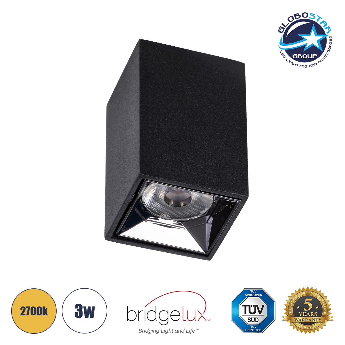 GloboStar® LUMINAR SUPERIOR 60321 Επιφανειακό LED Spot Downlight TrimLess 3W 405lm 36° AC 220-240V IP20 Μ4.2 x Π4.2 x Υ6.6cm – Μαύρο με Κάτοπτρο Χρωμίου – Θερμό Λευκό 2700K – Bridgelux High Lumen Chip Gen2 – TÜV Certified Driver – 5 Years Warranty