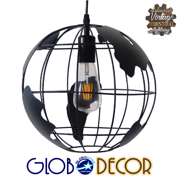 GloboStar® EARTH 01205 Vintage Industrial Κρεμαστό Φωτιστικό Οροφής Μονόφωτο 1 x E27 Μαύρο Μεταλλικό Πλέγμα Φ30 x Υ30cm