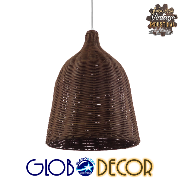 GloboStar® BAHAMAS 01367 Vintage Κρεμαστό Φωτιστικό Οροφής Μονόφωτο 1 x E27 Καφέ Σκούρο Ξύλινο Ψάθινο Bamboo Φ30 x Υ40cm