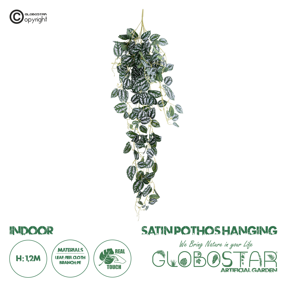 GloboStar® Artificial Garden SATIN POTHOS HANGING 20242 Τεχνητό Διακοσμητικό Κρεμαστό Φυτό Ασημένια Άμπελός – Πόθος Υ120cm