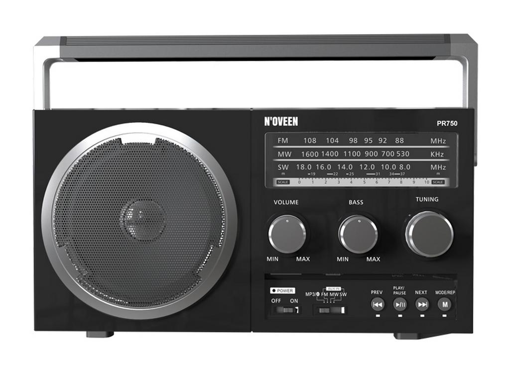 Φορητό Ραδιόφωνο N’oveen PR750 5W Μαυρο μεΥποδοχή USB, Κάρτα Μνήμης, Audio-in και Τροφοδοσία Ρεύματος και Μπαταρίας