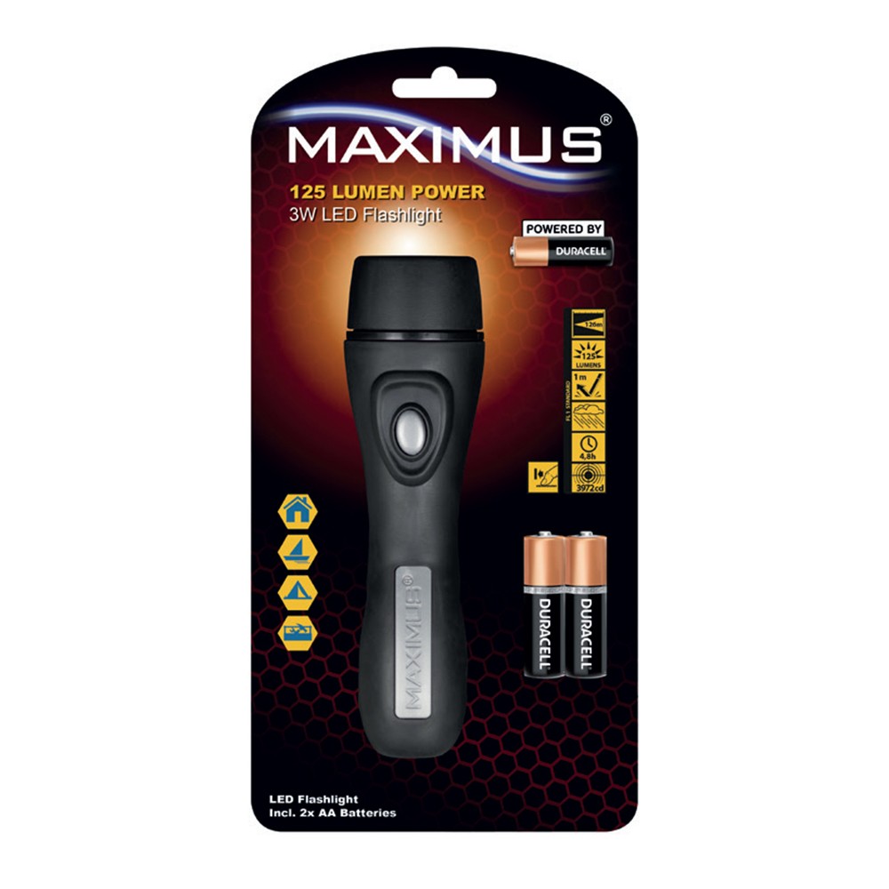 Φακός Maximus 3W Led Flashlight Super-Clear IPX4 125 Lumen Power 126m Απόσταση  Μαύρος