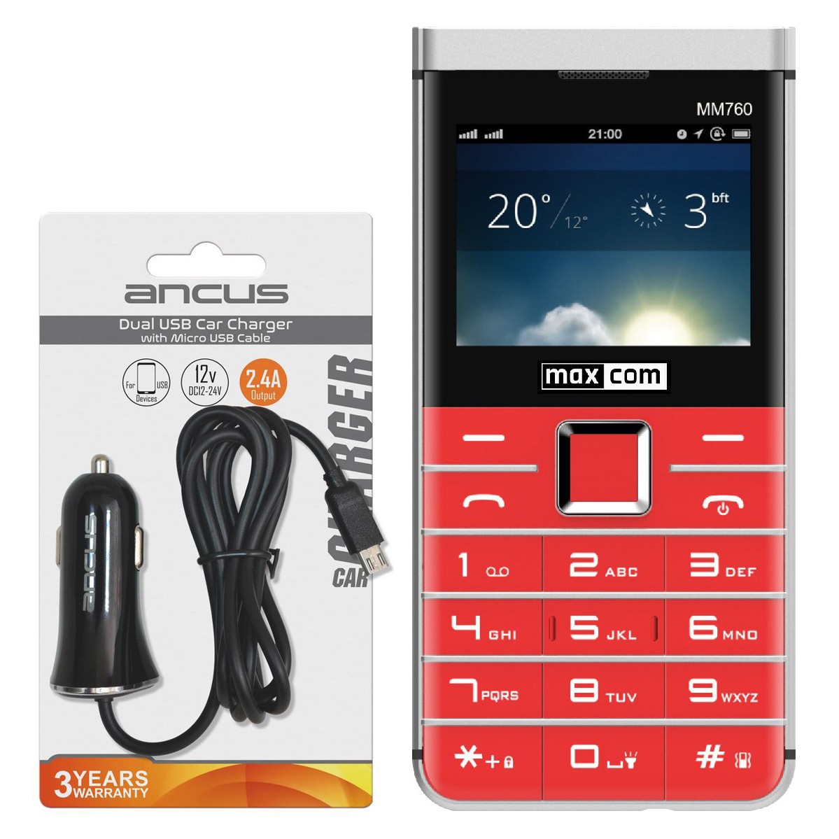 Maxcom MM760 Dual SIM 2.3″ με Μεγάλα Πλήκτρα, Bluetooth, Κάμερα Κόκκινο + Φορτιστής Αυτοκινήτου Ancus Micro USB 2400mAh 5V 12W