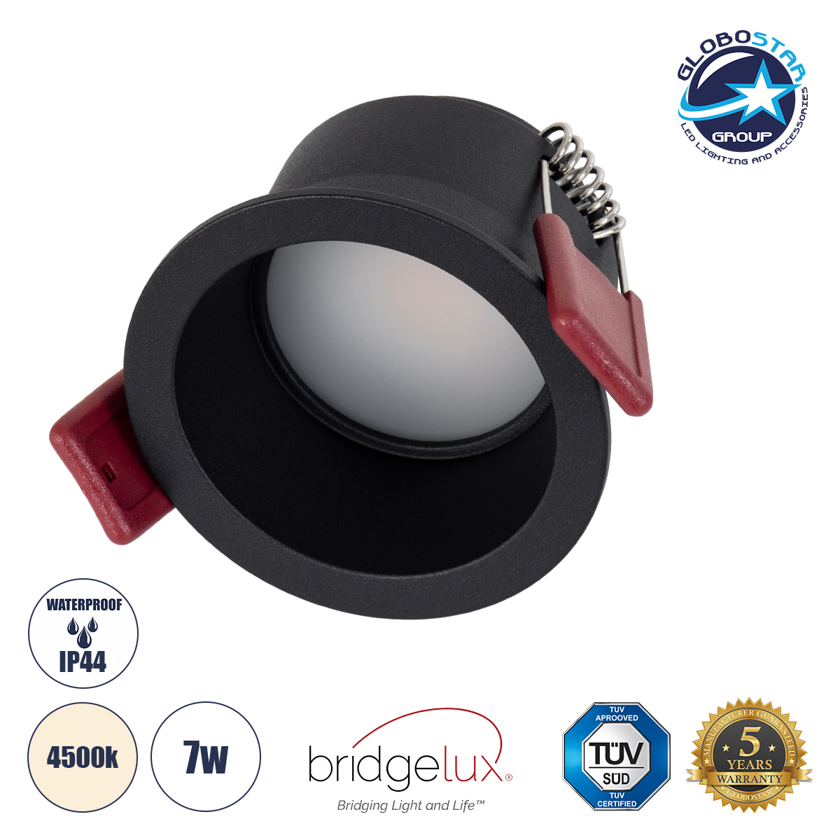 GloboStar® IP 60342 Χωνευτό LED Spot Downlight TrimLess Μπάνιου & WC Φ6.6cm 7W 750lm 45° AC 220-240V IP44 Φ6.6 x Υ5.3cm – Στρόγγυλο – Μαύρο – Φυσικό Λευκό 4500K – Bridgelux COB – TÜV Certified Driver – 5 Years Warranty