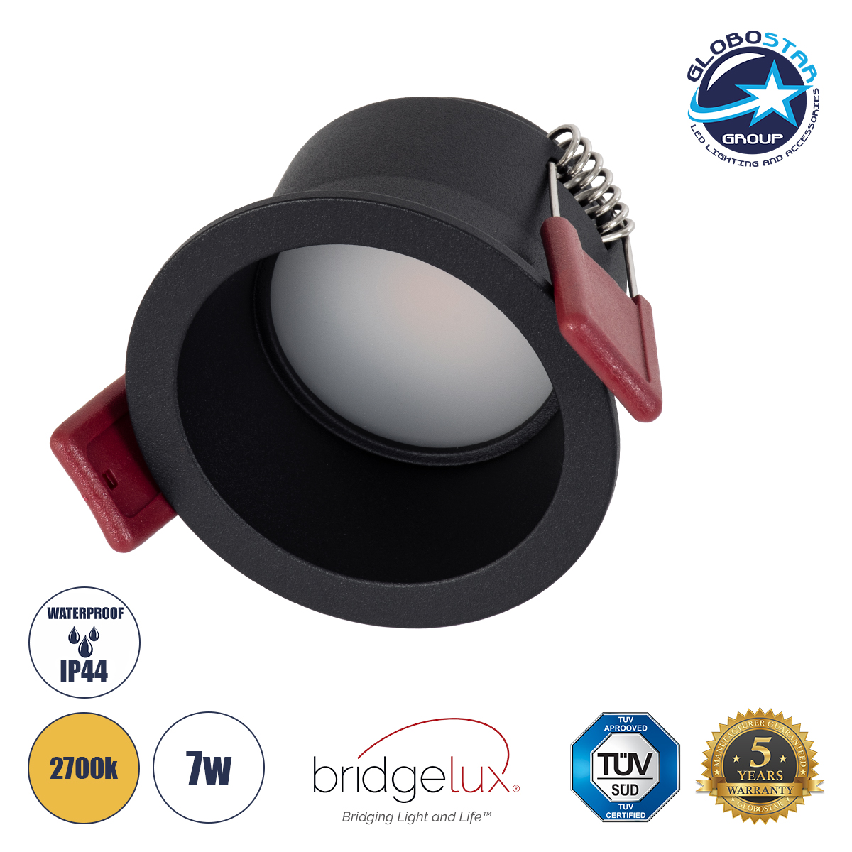 GloboStar® IP 60343 Χωνευτό LED Spot Downlight TrimLess Μπάνιου & WC Φ6.6cm 7W 700lm 45° AC 220-240V IP44 Φ6.6 x Υ5.3cm – Στρόγγυλο – Μαύρο – Θερμό Λευκό 2700K – Bridgelux COB – TÜV Certified Driver – 5 Years Warranty