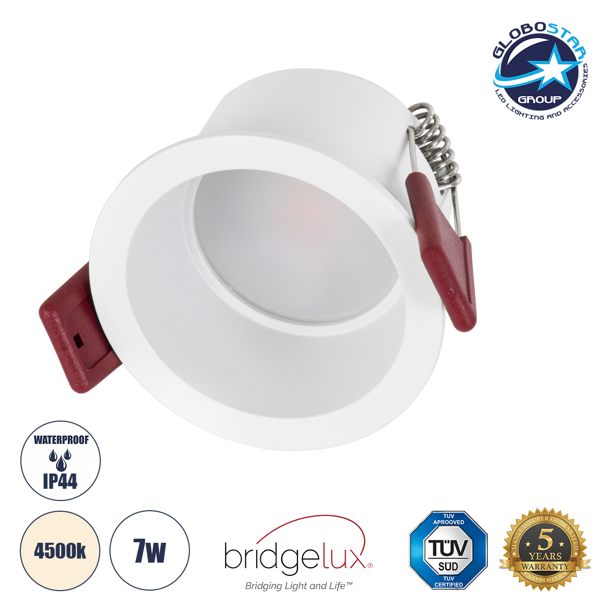 GloboStar® IP 60344 Χωνευτό LED Spot Downlight TrimLess Μπάνιου & WC Φ6.6cm 7W 750lm 45° AC 220-240V IP44 Φ6.6 x Υ5.3cm – Στρόγγυλο – Λευκό – Φυσικό Λευκό 4500K – Bridgelux COB – TÜV Certified Driver – 5 Years Warranty