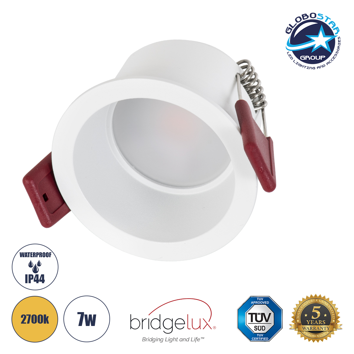 GloboStar® IP 60345 Χωνευτό LED Spot Downlight TrimLess Μπάνιου & WC Φ6.6cm 7W 700lm 45° AC 220-240V IP44 Φ6.6 x Υ5.3cm – Στρόγγυλο – Λευκό – Θερμό Λευκό 2700K – Bridgelux COB – TÜV Certified Driver – 5 Years Warranty