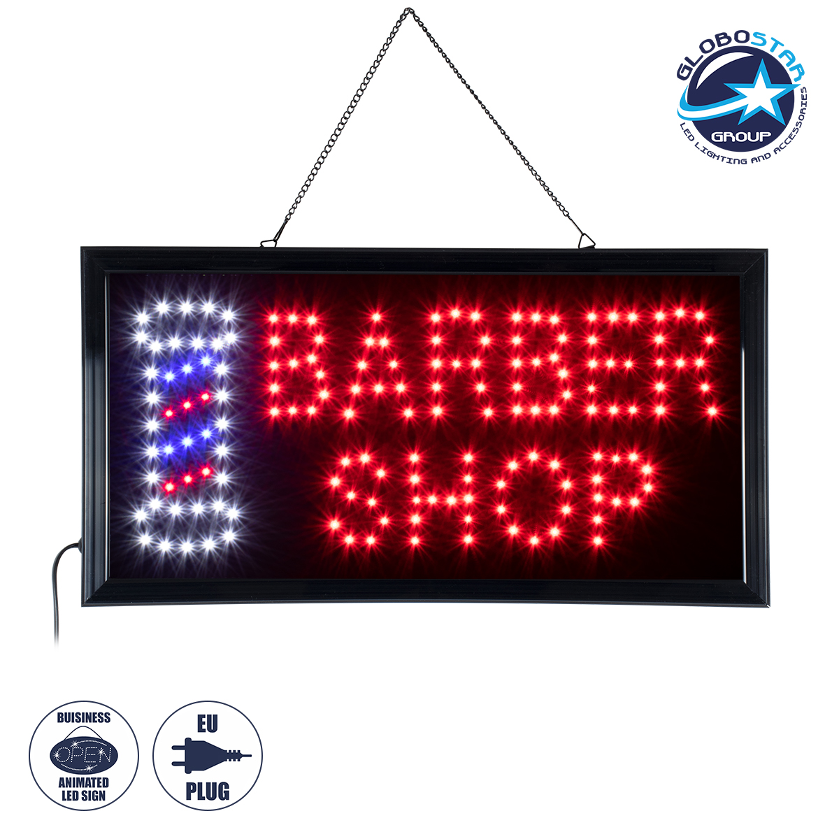 GloboStar® 75693 Φωτιστικό Ταμπέλα Φωτεινή Επιγραφή LED Σήμανσης BARBER SHOP 3W AC 230V με Διακόπτη On/Off Κόκκινο – Μπλε – Λευκό