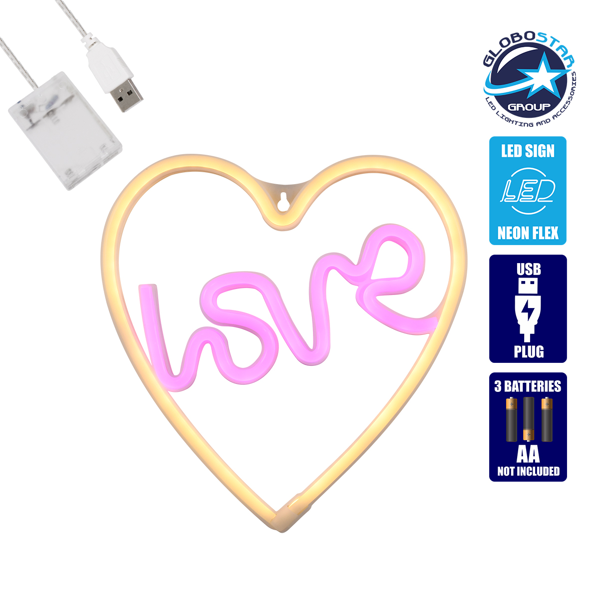 GloboStar® 78591 Φωτιστικό Ταμπέλα Φωτεινή Επιγραφή NEON LED Σήμανσης LOVE & HEART 5W με Καλώδιο Τροφοδοσίας USB – Μπαταρίας 3xAAA (Δεν Περιλαμβάνονται) – Ροζ & Θερμό Λευκό 2700K