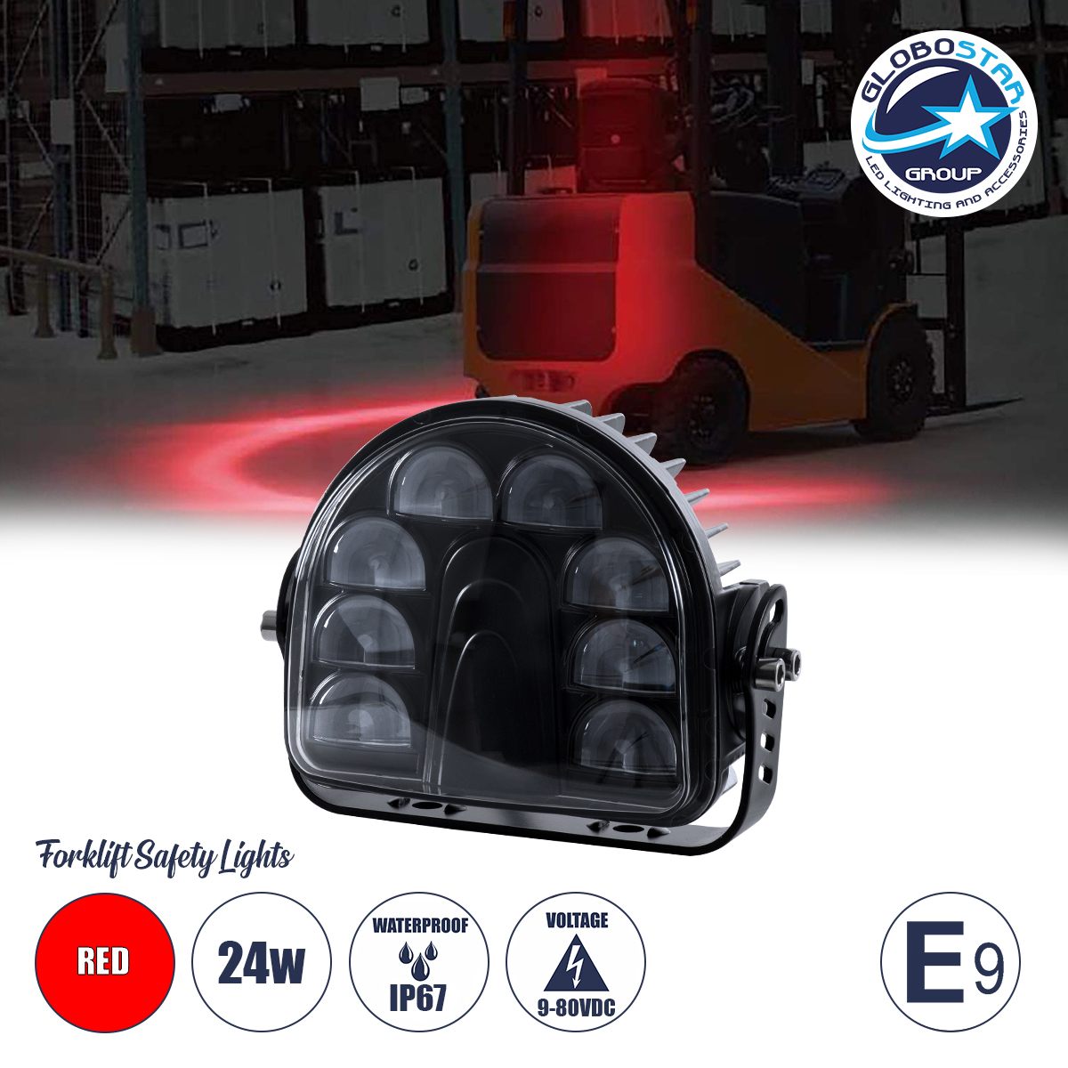 GloboStar® 85423 E9 Mark Forklift Safety Lights – Φώτα Προειδοποίησης & Διαγράμμισης Ασφαλείας για Περονοφόρα – Κλάρκ LED 24W DC 9-80V Αδιάβροχο IP67 Κόκκινο Μ14 x Π14.5 x Υ6cm