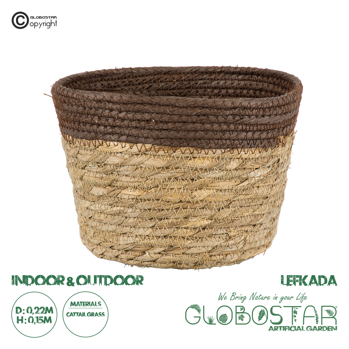 GloboStar® Artificial Garden LEFKADA 20287 Διακοσμητικό Πλεκτό Καλάθι – Κασπώ Γλάστρα – Flower Pot Μπεζ με Καφέ Φ22cm x Υ15cm