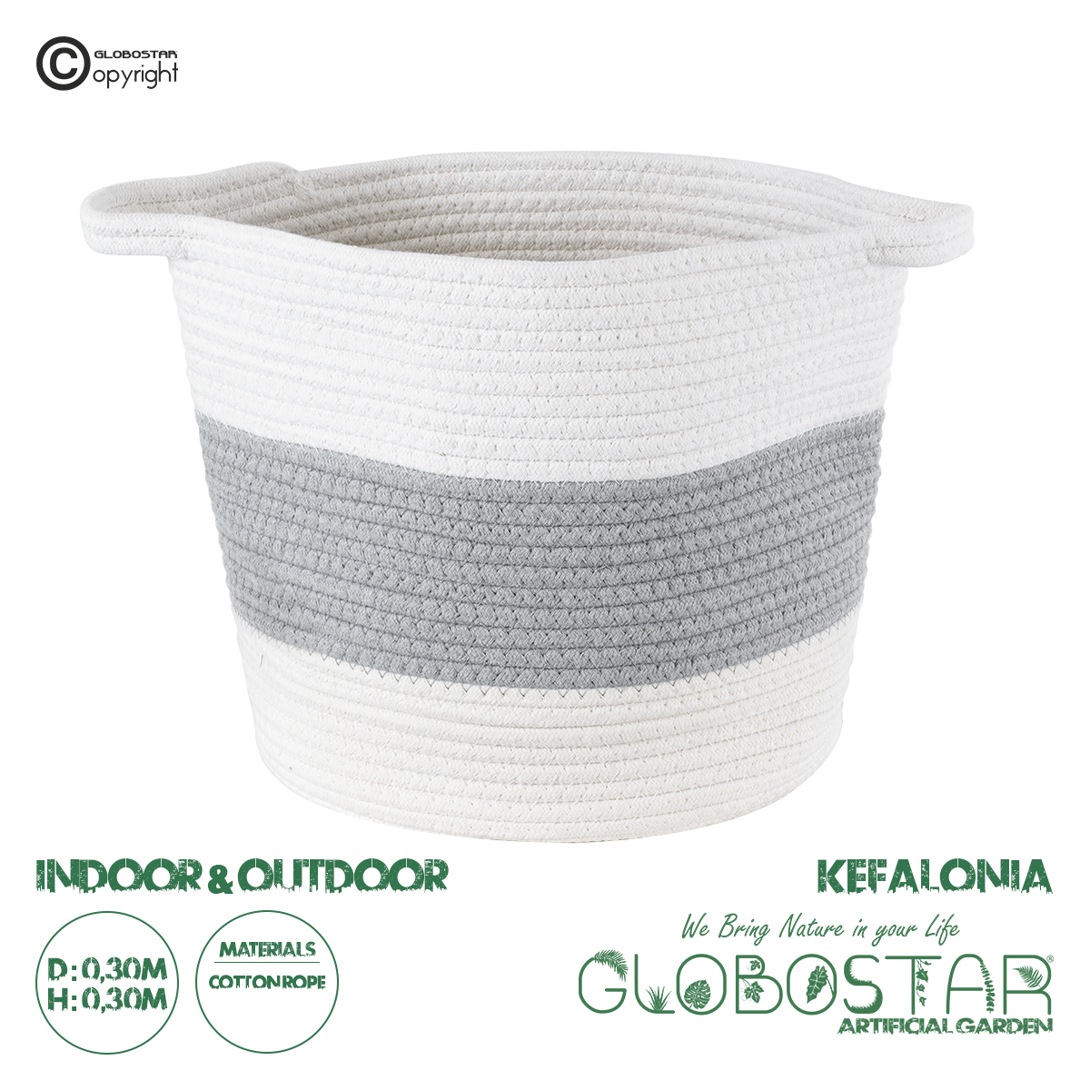 GloboStar® Artificial Garden KEFALONIA 20320 Διακοσμητικό Πλεκτό Καλάθι – Κασπώ Γλάστρα – Flower Pot Γκρι με Λευκό Φ30cm x Υ30cm