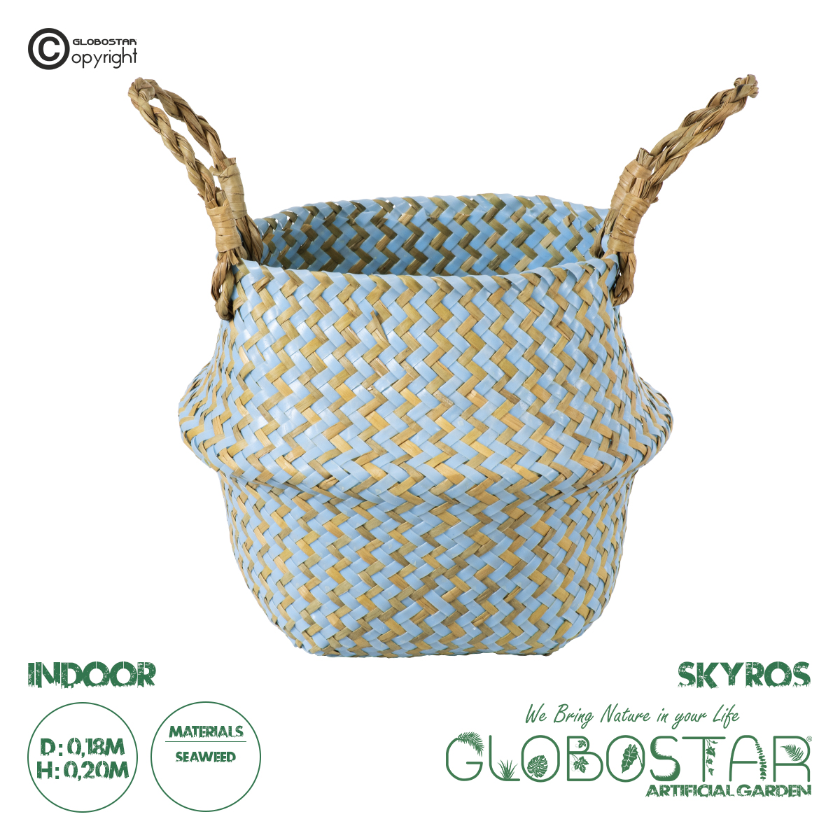 GloboStar® Artificial Garden SKYROS 20340 Διακοσμητικό Ψάθινο Καλάθι – Κασπώ Γλάστρα – Flower Pot Μπλε με Καφέ Φ18cm x Υ20cm