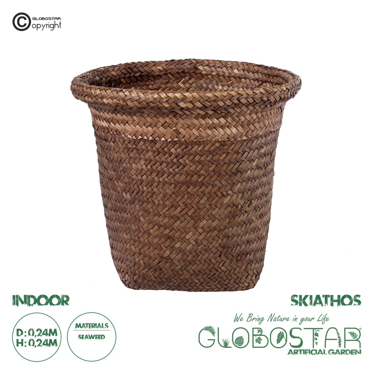 GloboStar® Artificial Garden SKIATHOS 20345 Διακοσμητικό Ψάθινο Καλάθι – Κασπώ Γλάστρα – Flower Pot Καφέ Φ24cm x Υ24cm