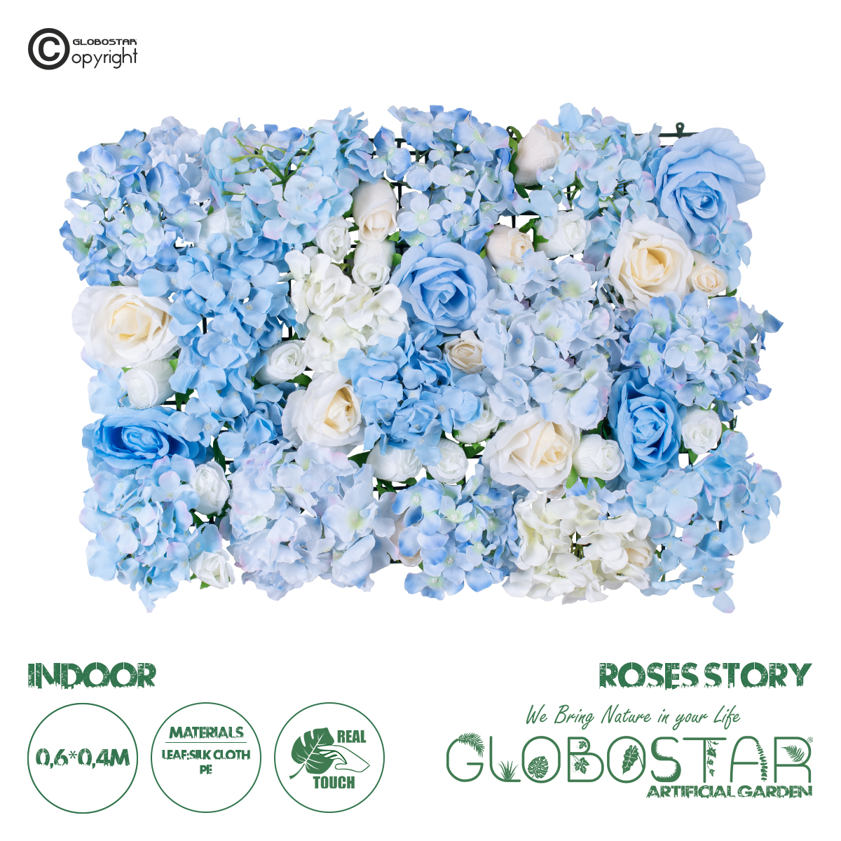 GloboStar® Artificial Garden ROSES STORY 20353 Τεχνητό Διακοσμητικό Πάνελ Λουλουδιών – Κάθετος Κήπος σύνθεση Μπλε & Μπεζ Τριαντάφυλλα Μ40 x Π60 x Υ10cm