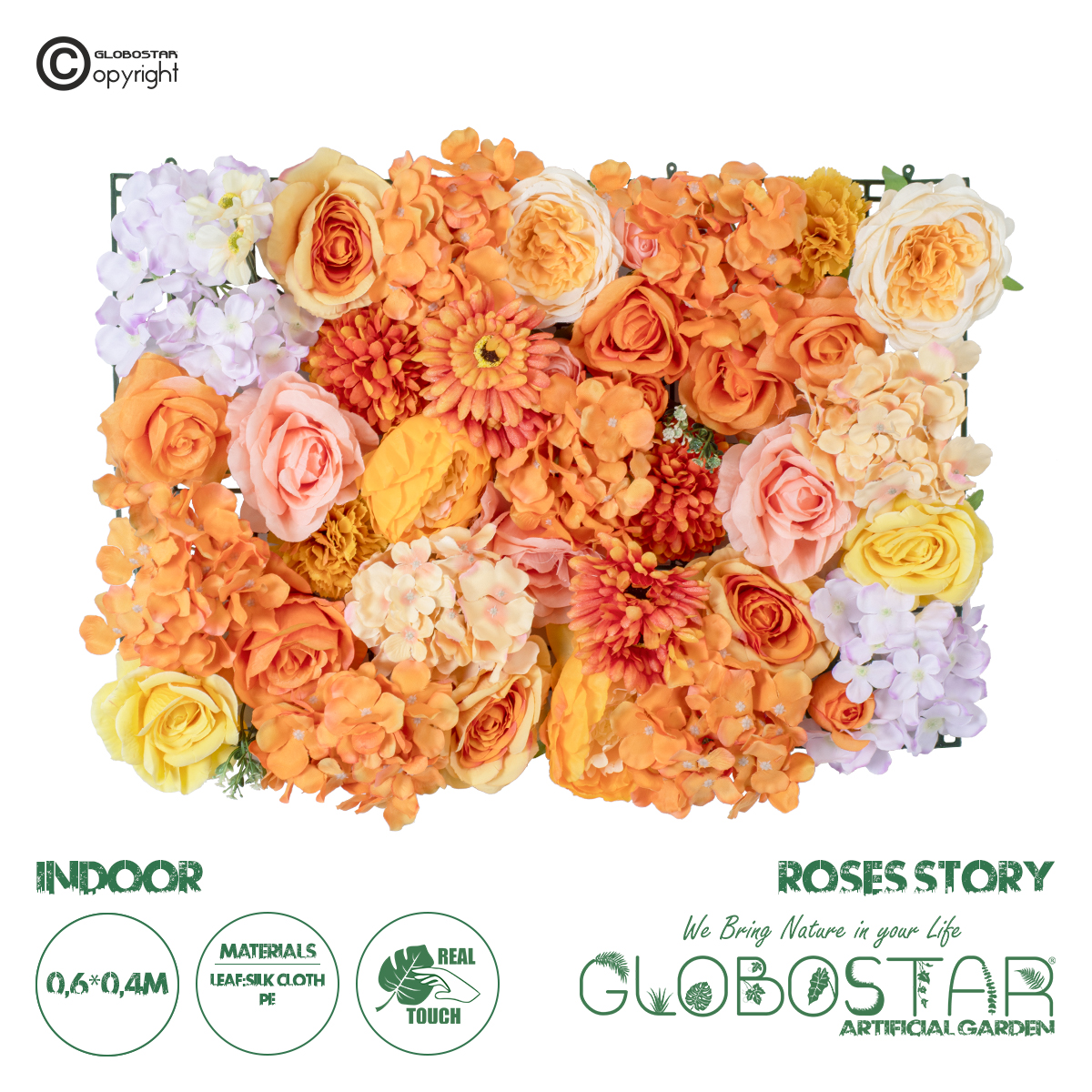 GloboStar® Artificial Garden ROSES STORY 20354 Τεχνητό Διακοσμητικό Πάνελ Λουλουδιών – Κάθετος Κήπος σύνθεση Πορτοκαλί & Ροζ Τριαντάφυλλα Μ40 x Π60 x Υ12cm