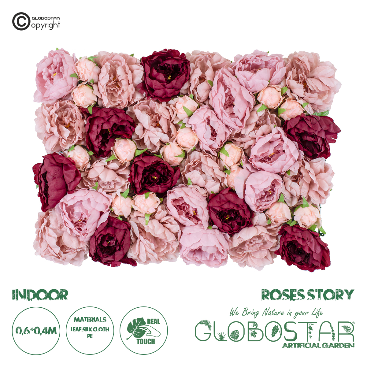 GloboStar® Artificial Garden ROSES STORY 20355 Τεχνητό Διακοσμητικό Πάνελ Λουλουδιών – Κάθετος Κήπος σύνθεση Ροζ & Βυσσινί Τριαντάφυλλα Μ40 x Π60 x Υ8cm