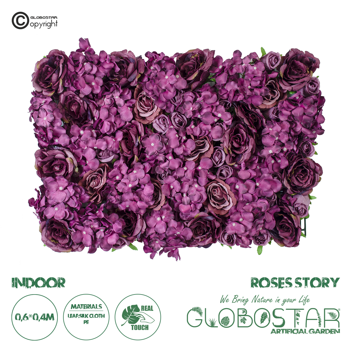 GloboStar® Artificial Garden ROSES STORY 20356 Τεχνητό Διακοσμητικό Πάνελ Λουλουδιών – Κάθετος Κήπος σύνθεση Φουξ & Βυσσινί Τριαντάφυλλα Μ40 x Π60 x Υ10cm