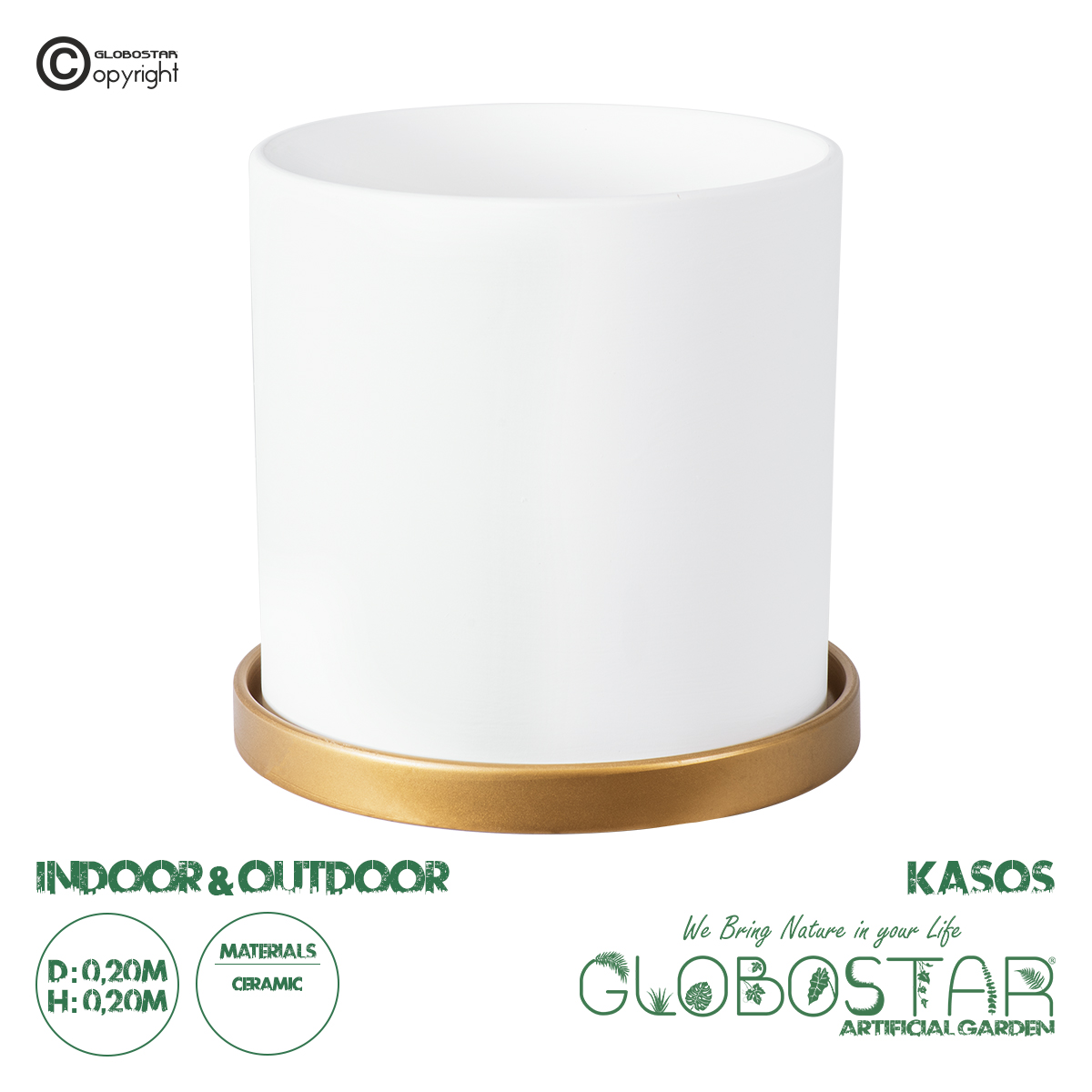 GloboStar® Artificial Garden KASOS 20445 Πήλινο Κεραμικό Κασπώ Γλάστρα – Flower Pot Λευκό με Χρυσό Φ20cm x Υ20cm