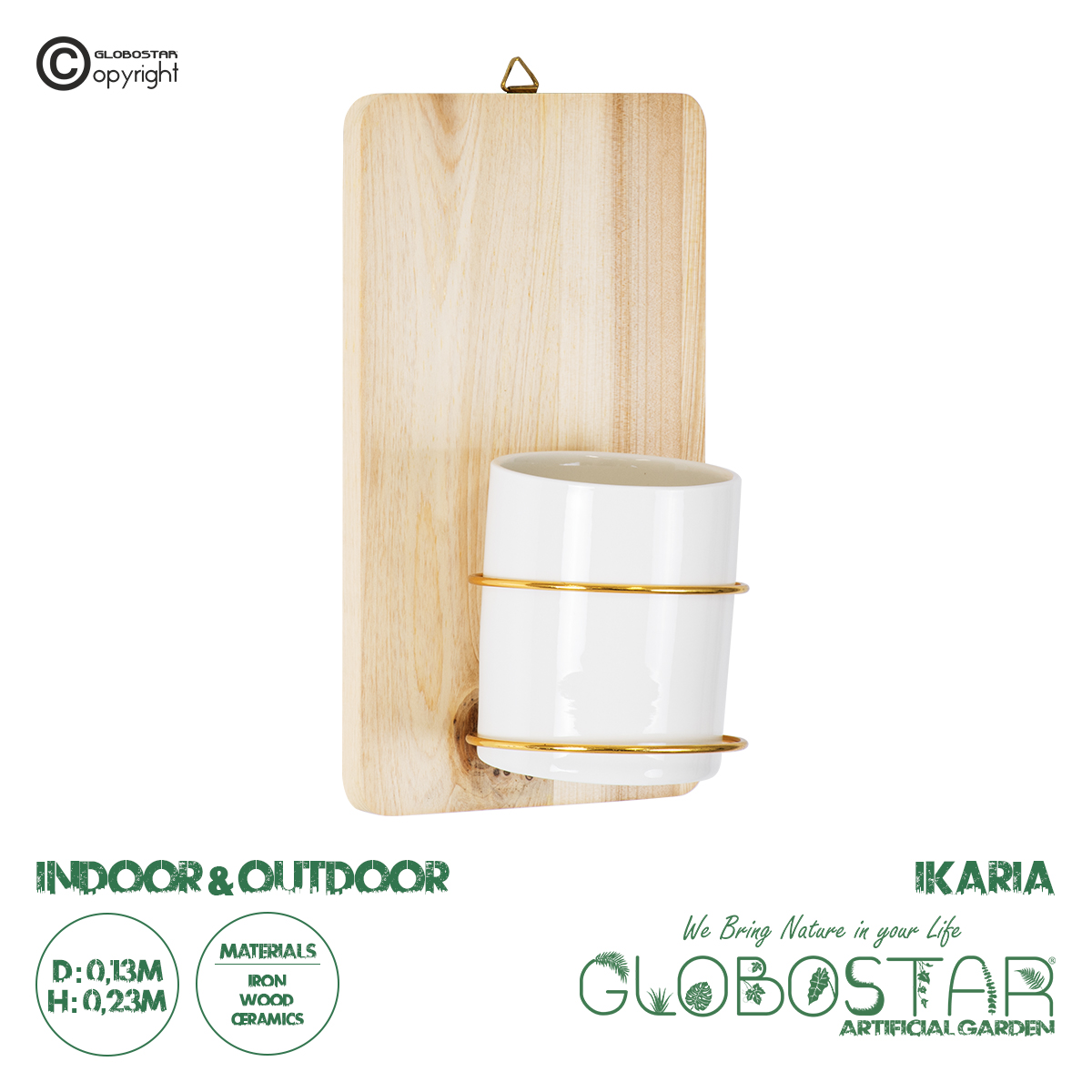 GloboStar® Artificial Garden IKARIA 20472 Επιτοίχιο Πήλινο Κεραμικό Κασπώ Γλάστρα με Ξύλινη Βάση – Flower Pot Μπεζ με Λευκό & Χρυσό Φ13cm x Υ23cm