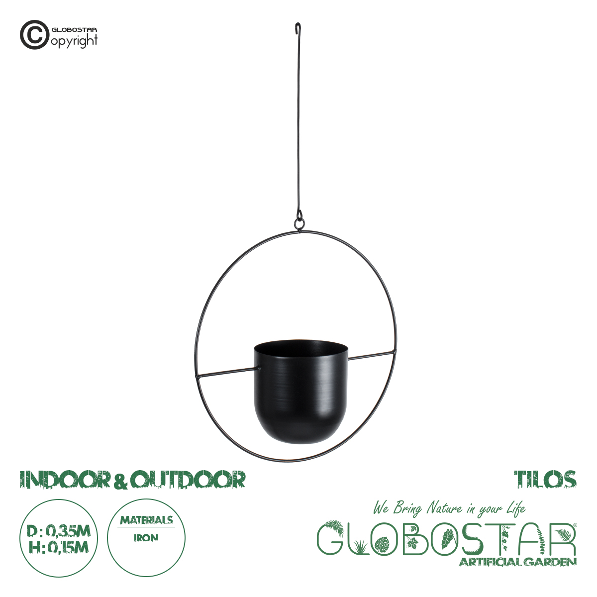 GloboStar® Artificial Garden TILOS 20485 Κρεμαστό Μεταλλικό Κασπώ Γλάστρα – Flower Pot Μαύρο Φ35cm x Υ15cm