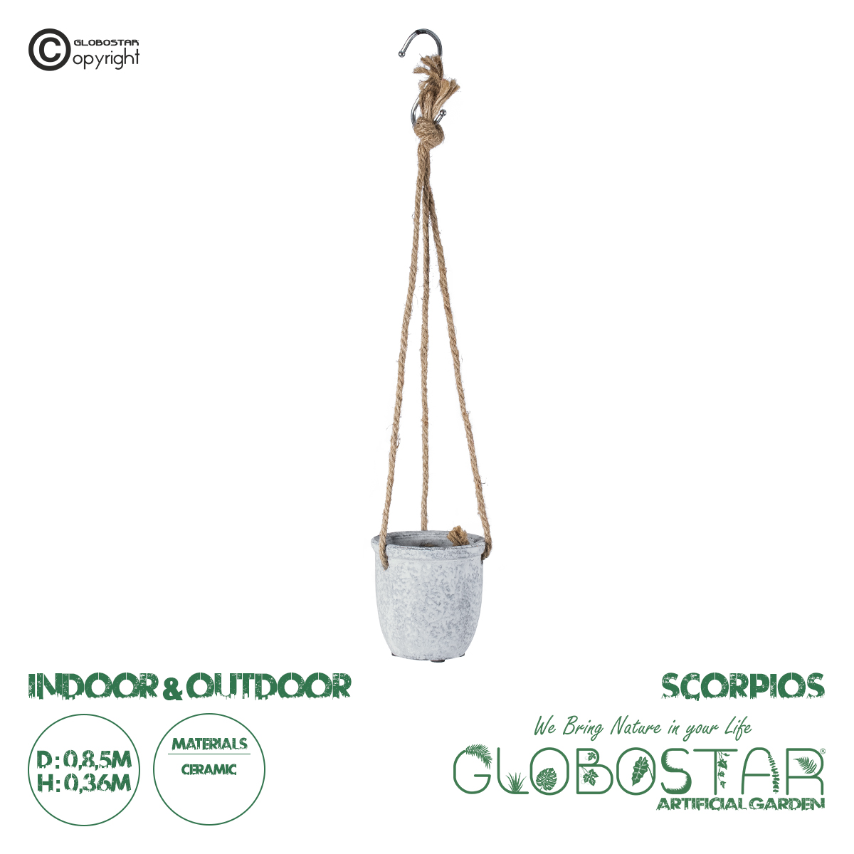 GloboStar® Artificial Garden SCORPIOS 20491 Κρεμαστό Πήλινο Κεραμικό Κασπώ Γλάστρα – Flower Pot Γκρι Φ8.5cm x Υ36cm