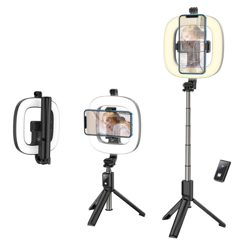 Selfie Stick Hoco LV03 Plus 360ᵒ για Συσκευές 4.7″-6.7″ με LED Φωτισμό και Τηλεχειριστήριο Μαύρη