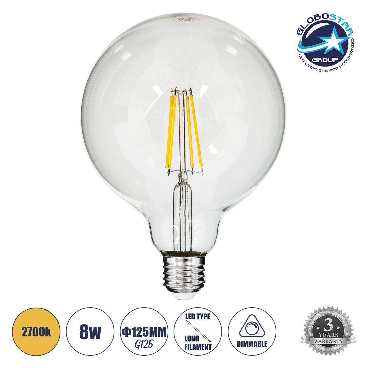 GloboStar® 99013 Λάμπα LED Long Filament E27 G125 Γλόμπος 8W 800lm 360° AC 220-240V IP20 Φ12.5 x Υ18cm Θερμό Λευκό 2700K με Διάφανο Γυαλί – Dimmable – 3 Years Warranty