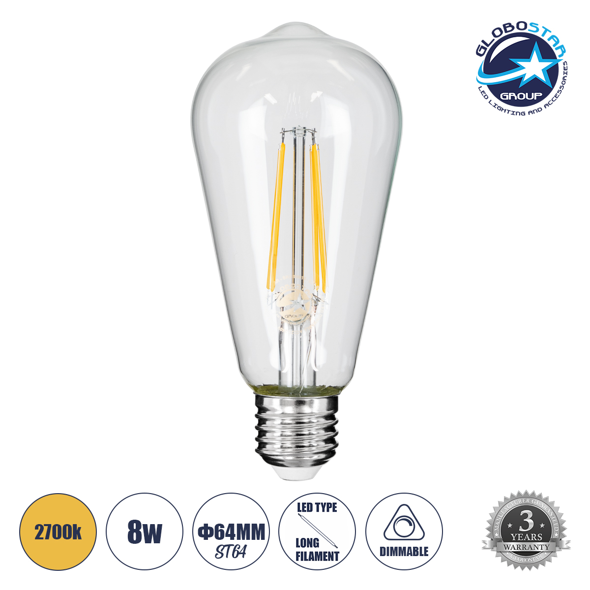 GloboStar® 99016 Λάμπα LED Long Filament E27 ST64 Αχλάδι 8W 800lm 360° AC 220-240V IP20 Φ6.4 x Υ14cm Θερμό Λευκό 2700K με Διάφανο Γυαλί – Dimmable – 3 Years Warranty