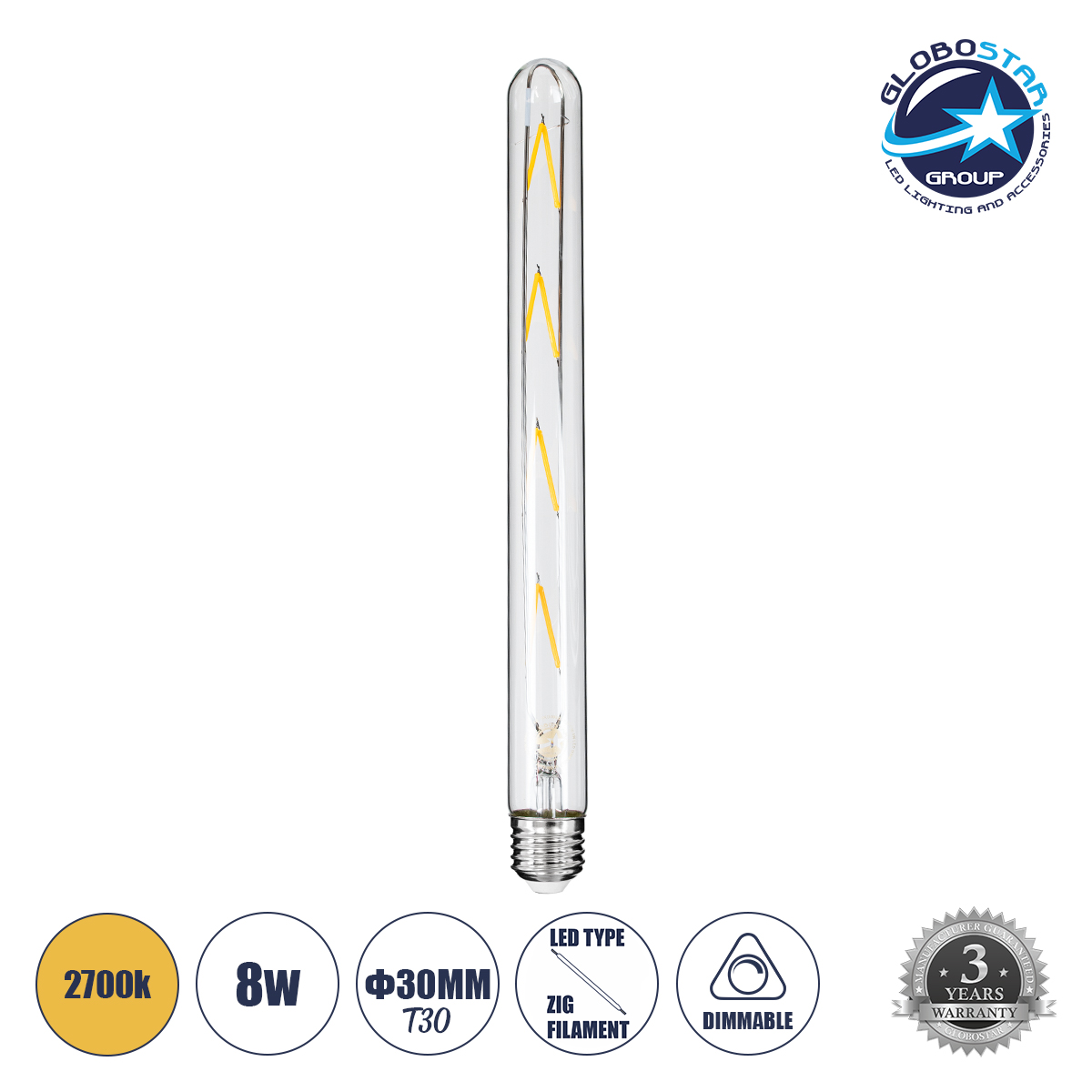 GloboStar® 99020 Λάμπα LED Long Filament E27 T30 Σωλήνας 8W 800lm 360° AC 220-240V IP20 Φ3 x Υ30cm Θερμό Λευκό 2700K με Διάφανο Γυαλί – Dimmable – 3 Years Warranty