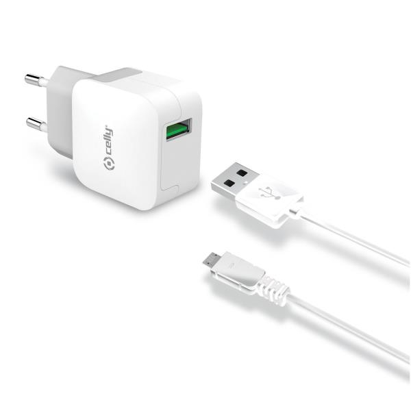 CELLY TRAVEL CHARGER 2.4A TURBO CHARGE + DATA CABLE MICRO USB 1m white