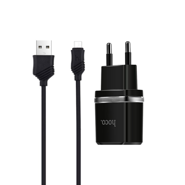 HOCO TRAVEL CHARGER C12 2 USB PORTS 2.4A + DATA CABLE MICRO USB black