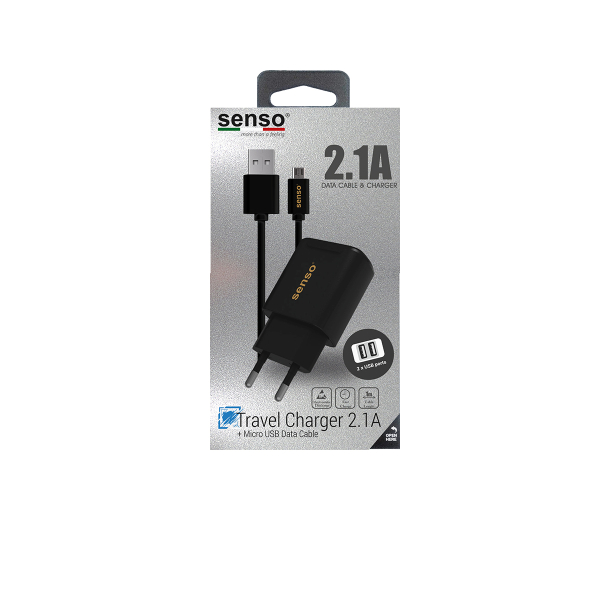 SENSO FAST TRAVEL CHARGER 2.1A 2 PORTS + MICRO USB 2A 1m black