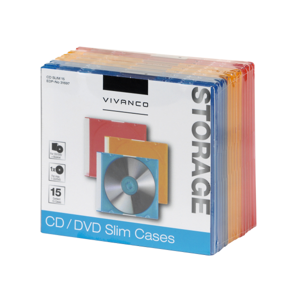 VIVANCO ΘΗΚΕΣ CD/DVD SLIM CASE 15pcs blue, orange, red